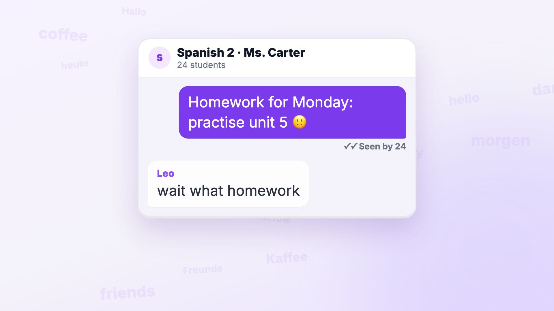 A class group chat: homework, seen by 24